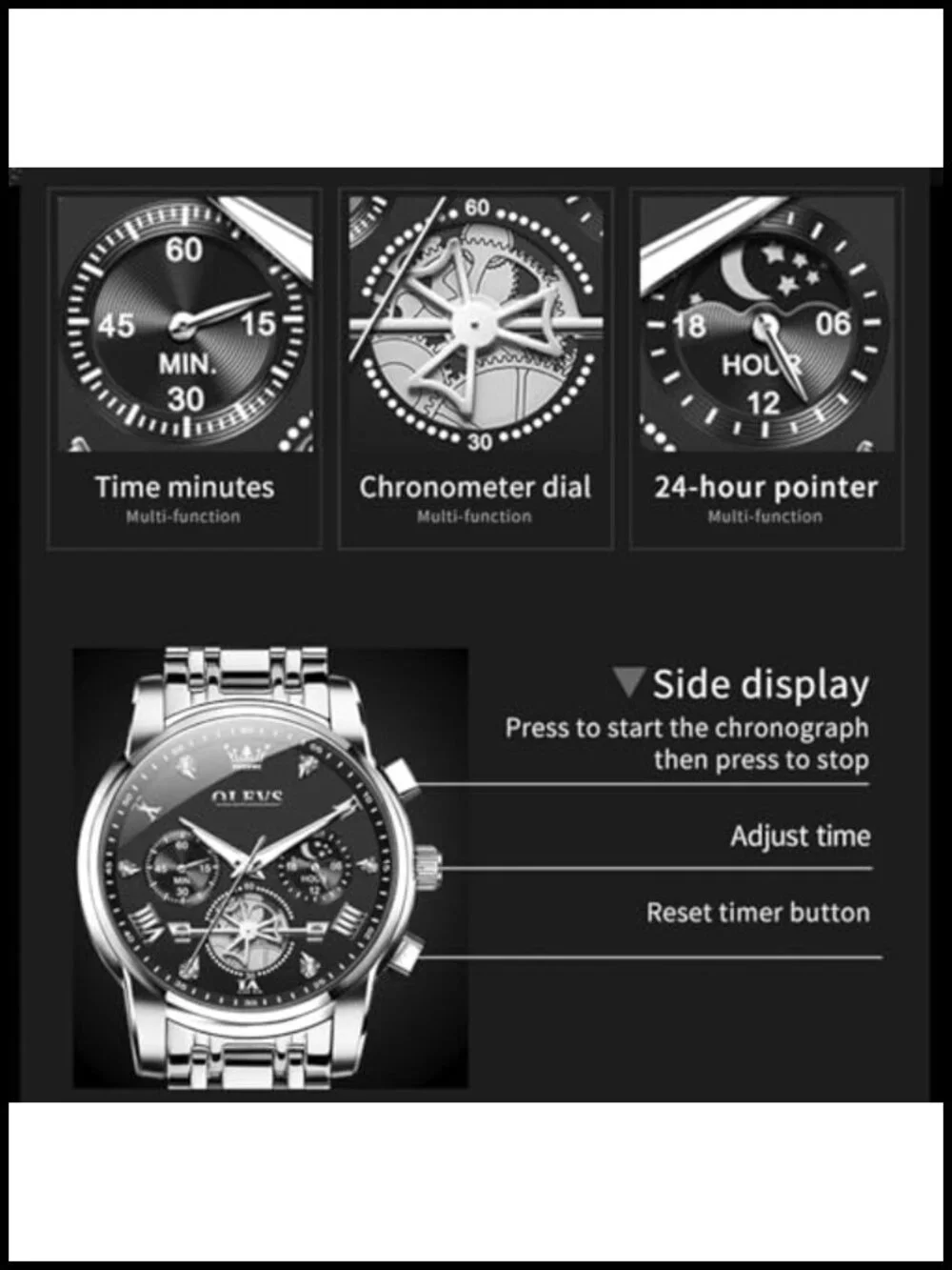 Mens Luxury Waterproof Stainless Steel Multifunction Big Face Watch